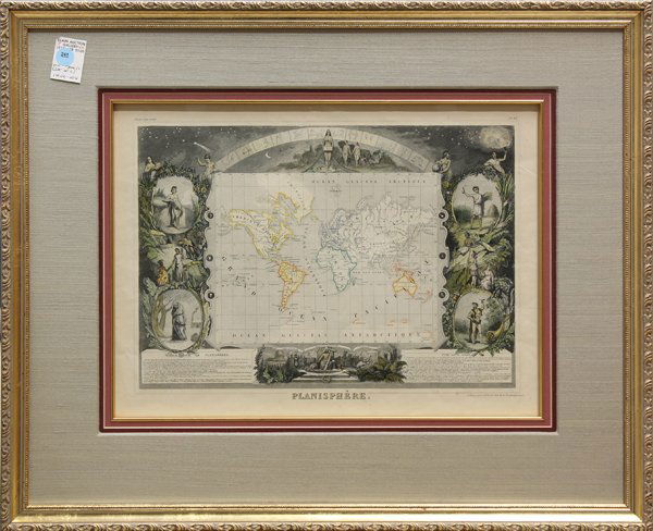 Hand colored maps, 19th century, Planisphere, Worl: (lot of 2) Framed hand colored maps, ''Planisphere,'' pl. 93 from ''Atlas Illustre,'' c. 1854, and ''The World,'' 1851, engraved by S. Hall, published by A and C Black, Edinburgh, largest overall: 22'