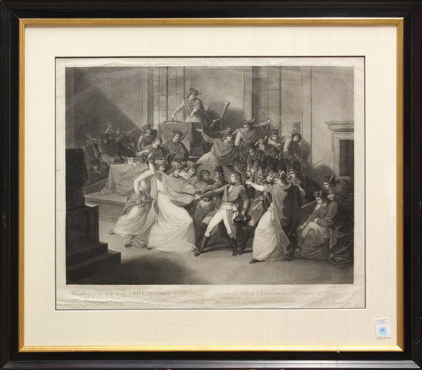 Print, Council of 500, Napoleon: Framed engraving, ''The Sitting of the Council of 500 at St. Cloud to Whom Bonaparte Having Presented Himself, He Dissolved, Nov. 10th, 1799,'' engraved by Francesco Bartolozzi (Italian, 1727-1815), p