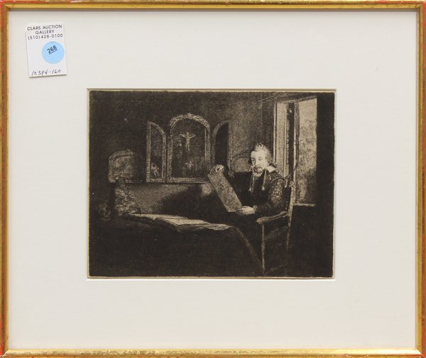 etching, stule of Rembrandt van Rijn, Man Seated b: Framed rich impression etching printed on laid paper, Man Seated by a Window, Reading, style of Rembrandt van Rijn (1606-1669), sight: 6.375''h x 8.25''w overall: 12''h x 14.25''w