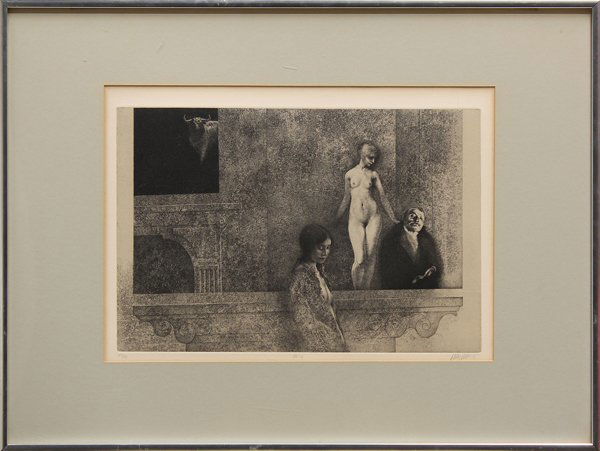 Etching, Peter Milton, The Jolly Corner III:6, '71: Framed etching, ''The Jolly Corner III:6'', 1971, by Peter Milton (American, b. 1930), signed and dated in pencil lower right, edition 21/90, sight: 11''h x 15.75''w, overall: 18.5''h x 24.25''w