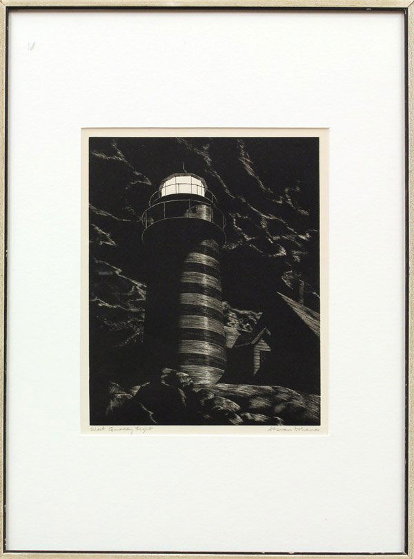 Wood engraving, Stevan Dohanos, West Quoddy Light: Framed wood engraving, ''West Quoddy Light,'' by Stevan Dohanos (American, 1907-1994), pencil signed ''Stevan Dohanos'' lower right, image: 10''h x 8''w, overall: 19.75''h x 14.5''w