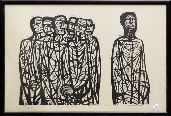 Woodcut, David Shapiro, Non Conformist: Framed woodcut, ''Non-Conformist,'' by David Shapiro (American, 1916-2005), pencil signed, titled, dedicated, and inscribed artist's proof within lower margin, overall: 26''h x 38''w