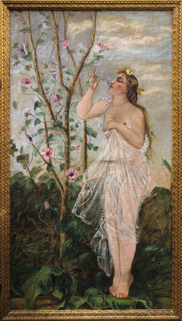 Painting, Standing Nude in a Garden: Framed oil on canvas, Standing Nude in a Garden, Continental School (20th century), unsigned, overall: 58.5''h x 33.25''w