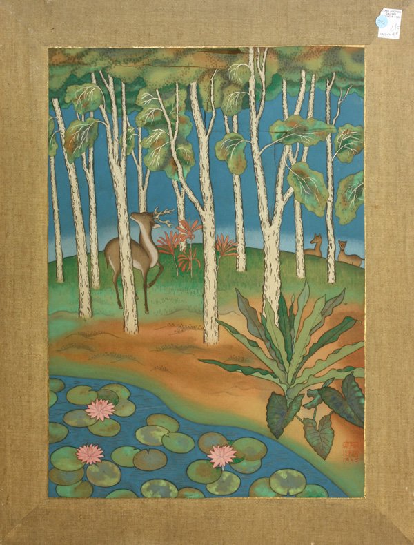Set of 5 works by Alfred Hurum: (lot of 5) Framed and unframed ink on silk, Still Life with White Lillies and Blue Flower, Still Life with Basket Vase and Orange and White Flowers, Landscape with Deer, White Lillies, and White Vase 