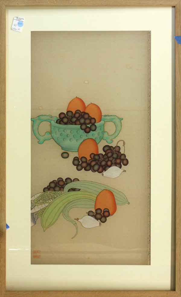Set of 4 works by Alfred Hurum: (lot of 4) Framed and unframed ink on silk, Landscape with Factory Through the Bamboo, Still Life with Corn, Fruit and Vegetables, White Lillies, and Still Life with Oranges and Grapes, by Alfred Huru