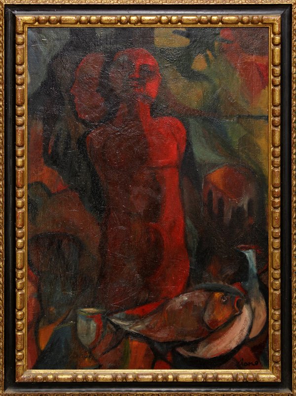 Painting, Franco Ciarlo: Framed oil on canvas, Abstract with Red Figures and Fish, by Franco Ciarlo (Italian/American, b.1939), signed ''Ciarlo'' lower right, canvas: 38.75''h x 27.25''w, overall: 44''h x 33''w