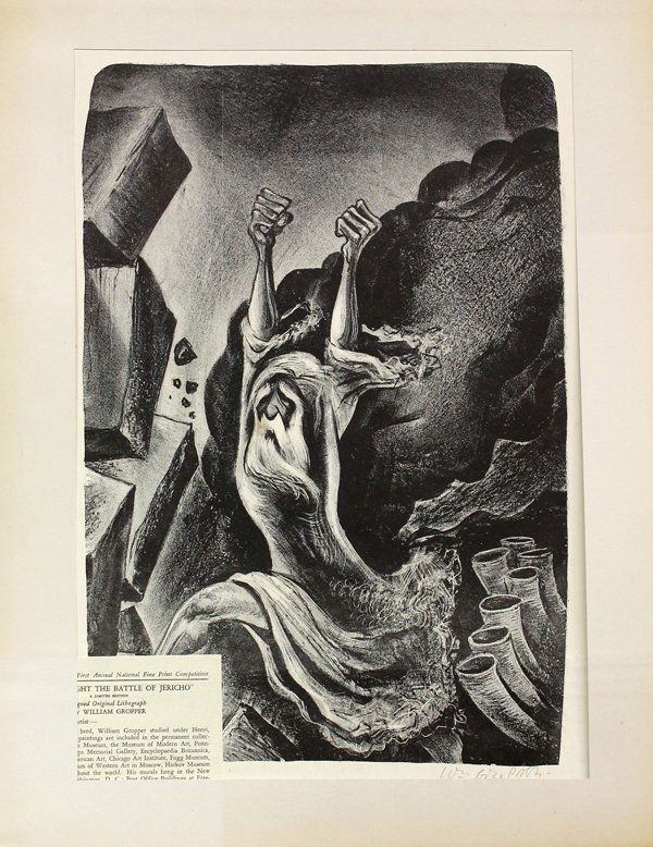 Lithograph, William Gropper, Joshua: Unframed (matted) lithograph, ''Joshua Fought the Battle of Jericho'', by William Gropper (American, 1897-1977), pencil signed ''Wm. Gropper'' lower right, overall: 18''h x 14''w