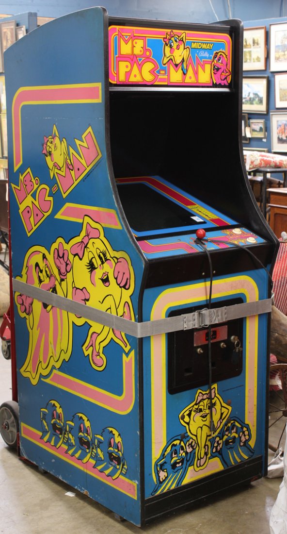 Ms. Pac-Man Video Game: Midway MFG. Co, Ms. Pac-Man video arcade game, 1981, 69''h x 25''w x 33''d appears in working order