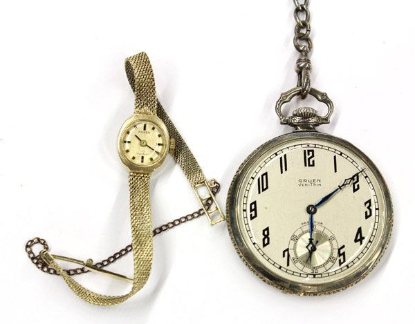 Anker wristwatch and Gruen pocket watch: Two watches, including; one 14k yellow gold Anker 17 Incabloc wrist watch with integral gold, weighing 9.7 grams (not working) and one open faced pocket watch, dial signed Gruen Veri Thin, in 14k gold