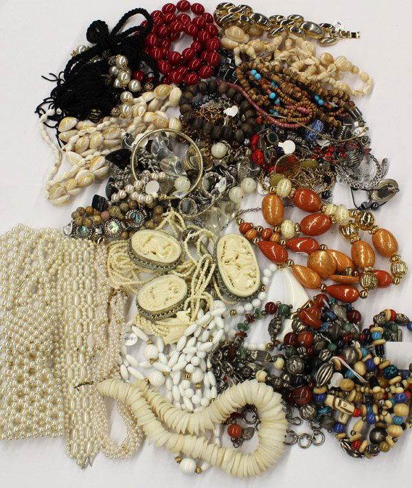 Miscellaneous collection of fashion jewelry: Collection of miscellaneous fashion jewelry including shell, bone and glass bead necklaces, cloisonne' bangle bracelets, beaded bracelets and hematine bead jewelry.