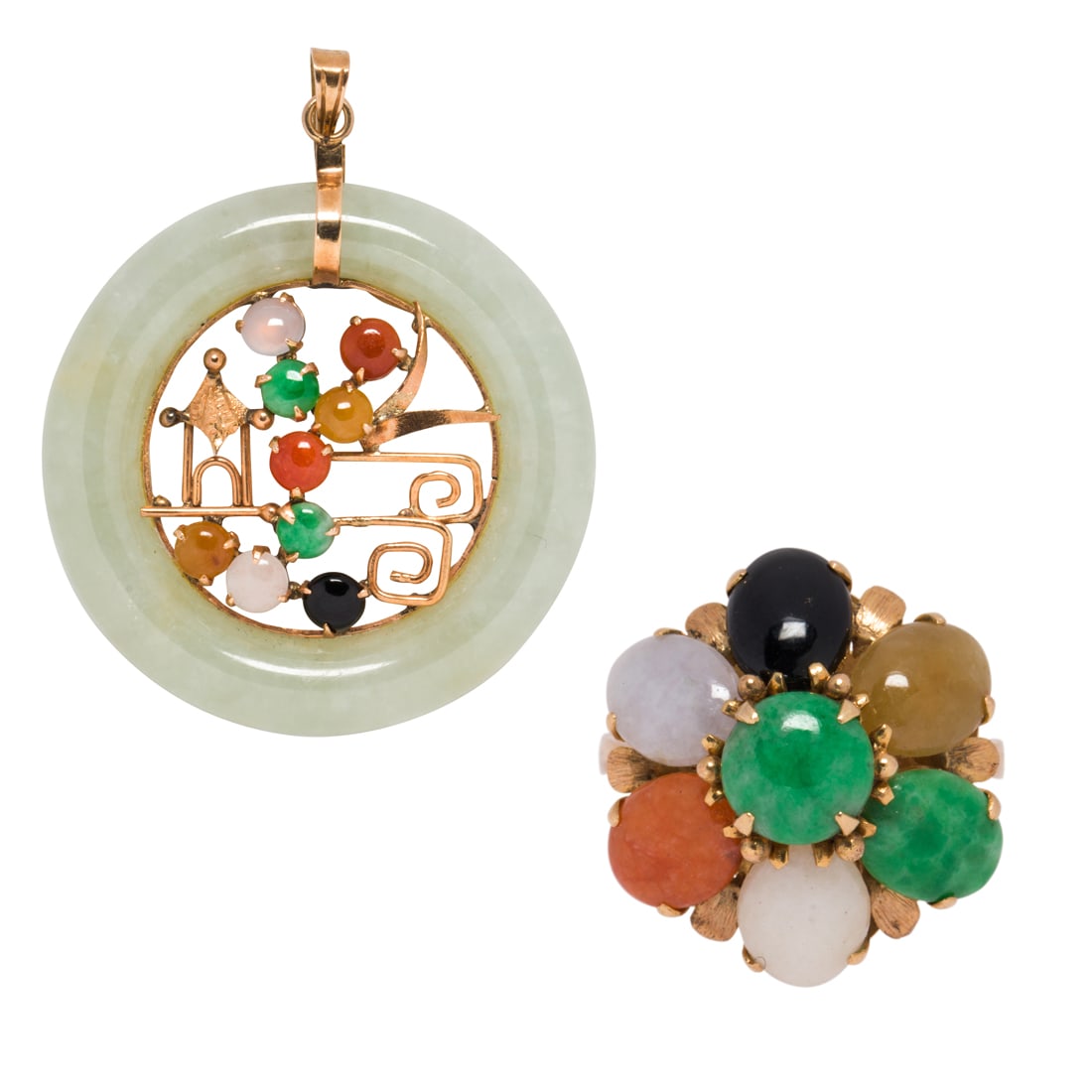 A multi-colored and 14k gold jade ring and pendant (1 of 2)