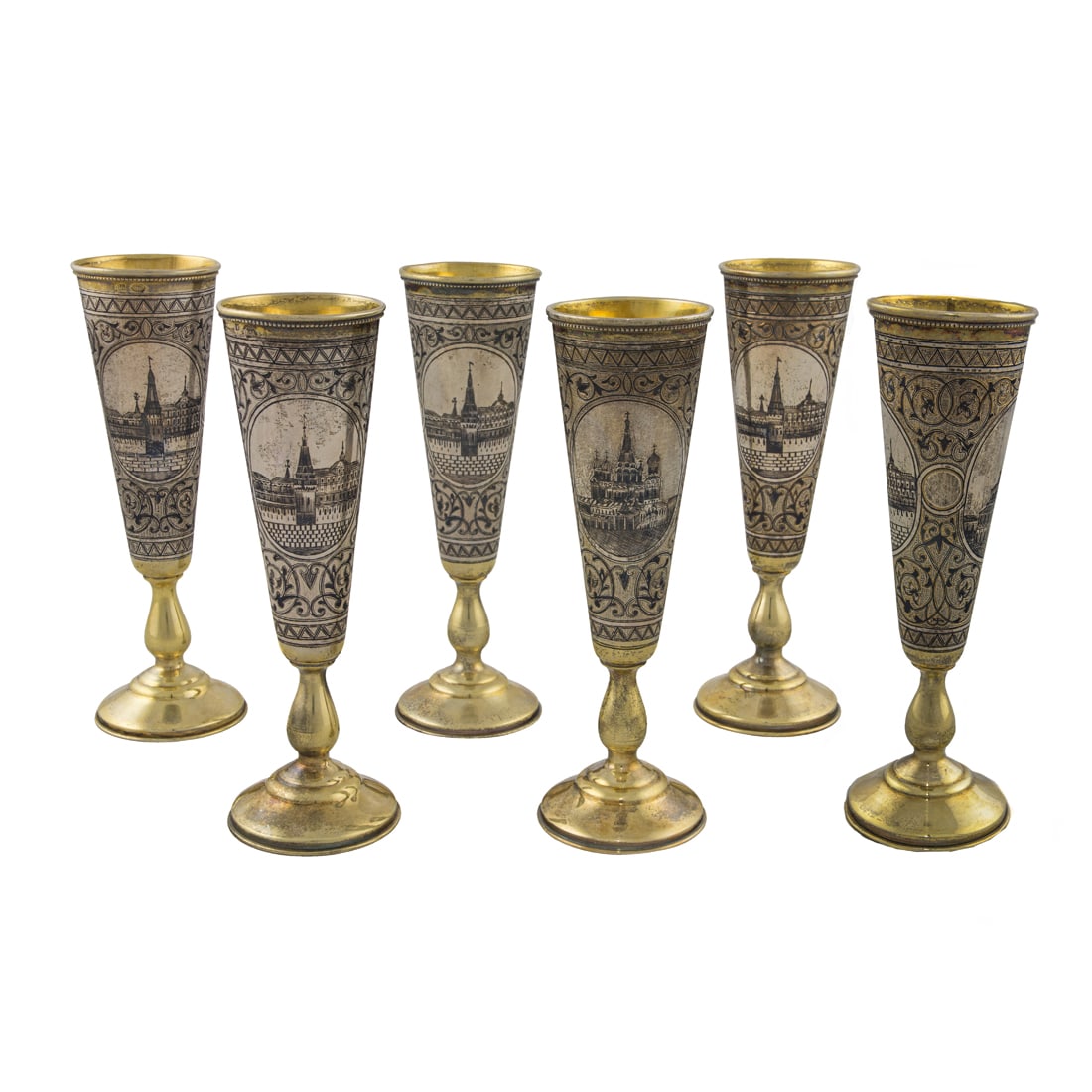 A cased set of six Russian niello 84 standard silver champagne flutes (1 of 11)