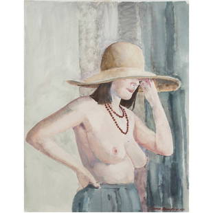 Watercolor, David Remfry: David Remfry (British, b. 1942), "Girl in Large Hat," 1985, watercolor, signed and dated lower right, gallery labels (Ankrum Gallery, Los Angeles, Royal Society of Painters in Water-Colours, Bankside