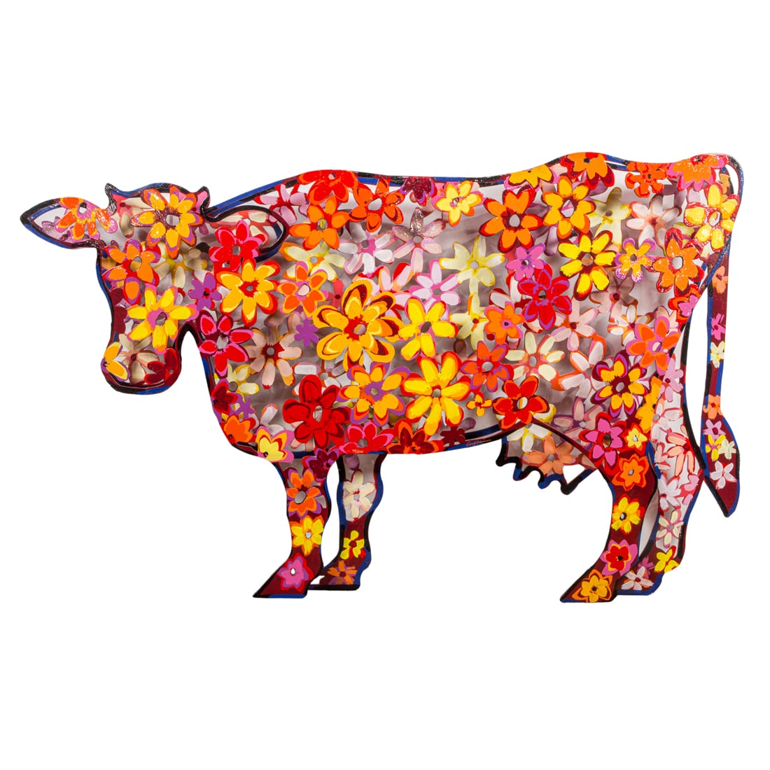 Sculpture, David Gerstein: David Gerstein (Israeli, b. 1944), "Floral Cow," hand painted laser cut steel, signed lower center, edition 75/295, overall: 25.5"h x 39"w x 5"d