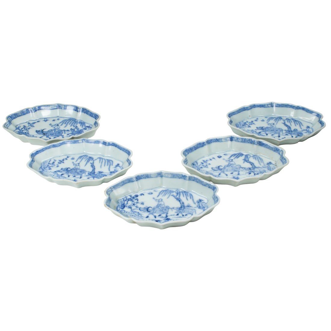 (lot of 5) Chinese export Ca Mau shipwreck underglaze blue 'boy on a buffalo' spoon trays (1 of 3)