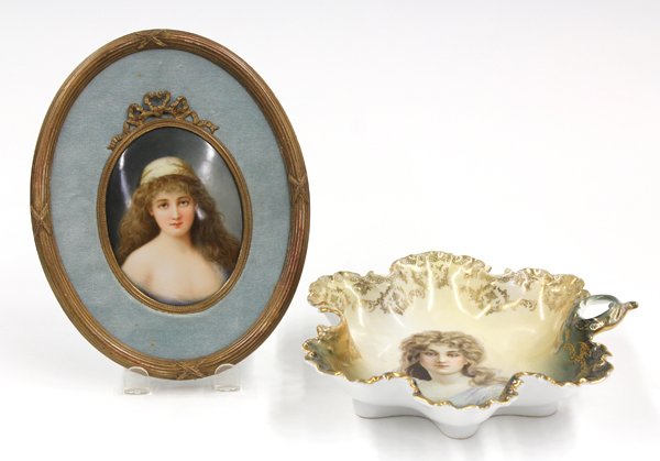 Wagner scenic plaque: (lot of 2) Vienna scenic porcelain plaque depicting a beauty, signed Wagner 5''h x 3.75''w (sight), together with a polychrome decorated bowl having a gilt decorated border surrounding the scenic rese