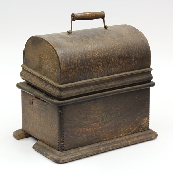 Edison standard phonograph: Edison standard phonograph, Model C, the oak case retaining the original surface with script Edison medallion flanking the front (lacking horn)