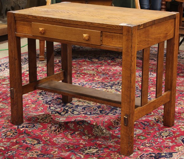 Arts and Crafts desk: Arts and Crafts desk, Grand Rapids circa 1915, the rectangular top above a single drawer case having slatted sides and rising on square legs, 30''h x 36''w x 24''d