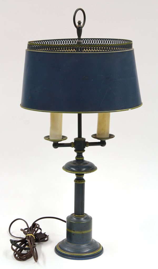Bouillote lamp: Bouillote lamp, the tole decorated shade above a two arm fixture rising on a baluster form standard having gilt accents and rising on a circular base, 24''h x 11''w