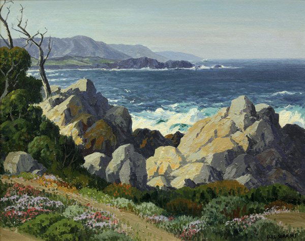 Painting, Carl Sammons, 17 Mile Drive: Framed oil on canvas board, ''17 Mile Drive,'' by Carl Sammons (Californian, 1881-1968), signed ''Carl Sammons'' lower right, titled verso, canvas board: 16''h x 20''w, overall: 22.5''h x 26.5''w