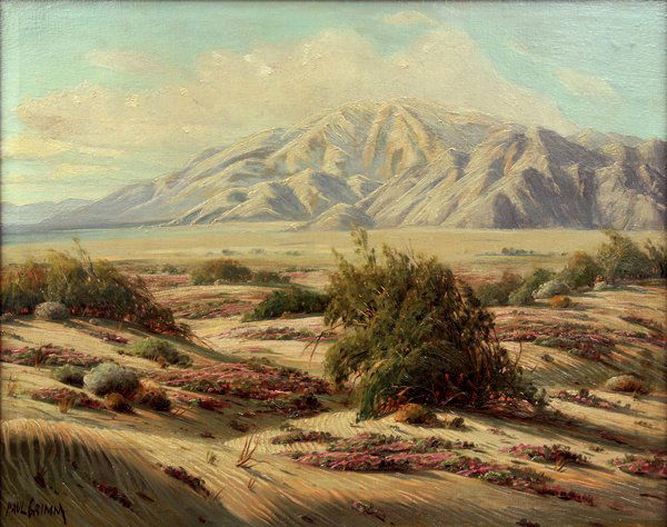 Painting, Paul Grimm, Under the Desert Sky: Framed oil on canvas ''Under the Desert Sky,'' 1947, by Paul Grimm (Californian 1891-1974), signed ''Paul Grimm'' lower left, titled and dated verso, canvas: 24''h x 30''w, overall: 31.25''h x 37.25''