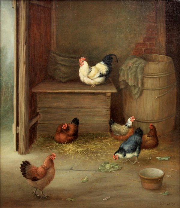 Painting, Edgar Hunt, Cockerals: Framed oil on canvas, Cockerals in a Hutch, 1921, by Edgar Hunt (British, 1876-1953), signed and dated ''E. Hunt, 1921'' lower right, Windsor and Newton, London stamp verso, canvas: 14''h x 12''w, ove