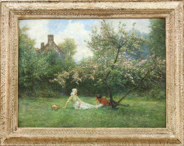 Painting, George Edward Robertson: Framed oil on panel, ''Lovers in Orchard,'' by George Edward Robertson (British, 1864-1920), signed ''G. E. Robertson'' lower left, panel: 14.5''h x 19.75''w, overall: 19''h x 24.25''w