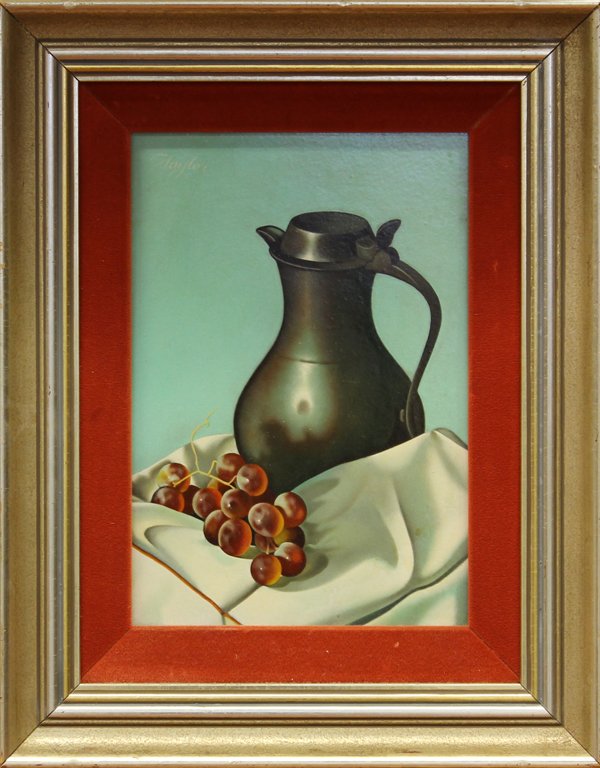Painting, John Rand Taylor: Framed oil on panel, ''Pewter, Pitcher and Grapes,'' by John Rand Taylor (Californian, b. 1944), signed ''Taylor'' upper left, sight 10''H x 7''W, overall: 14.5''H x 11.5''W