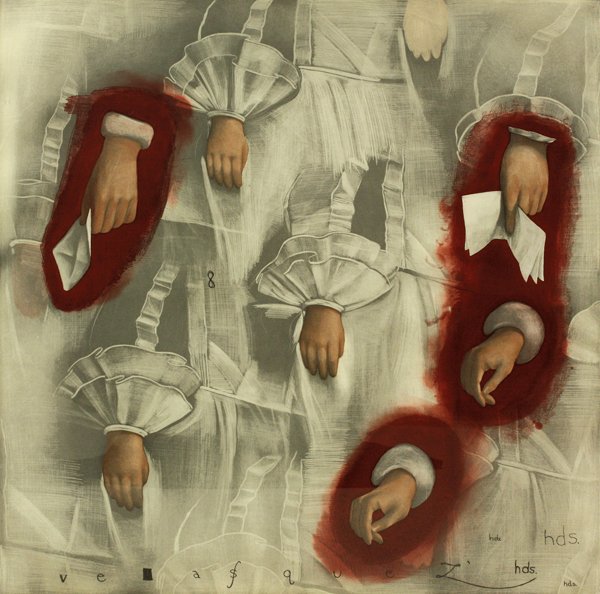 Etching, Christopher Brown, Velazquez: Framed color aquatint with soft ground and hard ground etching and burnishing, ''Velazquez Hands,'' 1995, by Christopher Brown (American, b. 1951), pencil signed lower right, from the edition of 50, p