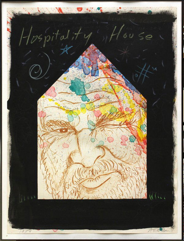 Mixed Media, Robert Arneson, Hospitality House: Framed mixed media lithograph, ''Hospitality House (San Francisco)'' 1989, by Robert Arneson (Californian, 1930-1992), signed lower right, dated lower left, sight: 36.5''h x 28''h, overall: 39.25''h x