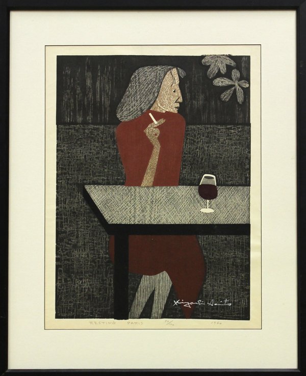 Color Woodcut, Kiyoshi Saito, Resting Paris: Framed color woodcut on artist's watermarked paper, "Resting Paris," 1960, by Kiyoshi Saito (Japanese, 1907-1992), signed in white ink "Kiyoshi Saito" lower right, pencil titled, dated, and numbered e