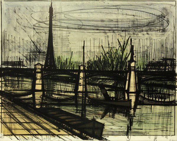 Print, Bernhard Buffet: Framed color lithograph on Rives, "Paris, Point-Du-Jour', 1962, by Bernard Buffet (French, 1928-1999), pencil signed "Bernard Buffet" lower left, inscribed "E.A" lowerer right, from the edition of 30