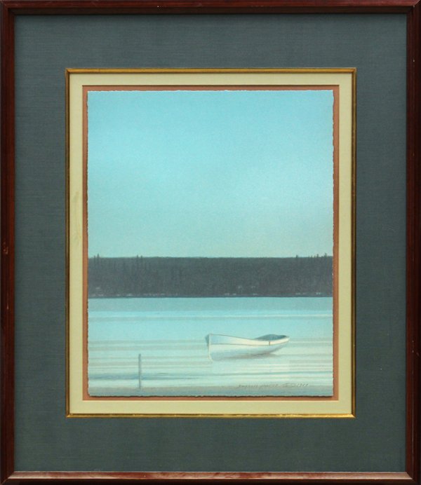 Lithograph, Russell Chatham, Summer Mist: Framed lithograph, Summer Mist, 1989, by Russell Chatham (American, b.1939), pencil signed, inscribed artist proof, and dated lower right, paper: 20''h x 16''w, overall: 32''h x 28''w