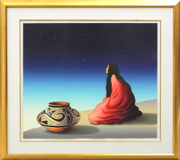 Lithograph, R.C. Gorman, Star Gazer: Framed lithograph ''Star Gazer,'' 1990, by R.C. Gorman (American, 1932-2005), pnecil signed ''R.C. Gorman'' lower left, pencil numbered edition of 225 lower right, paper: 31''h x 36''w, overall: 45''h