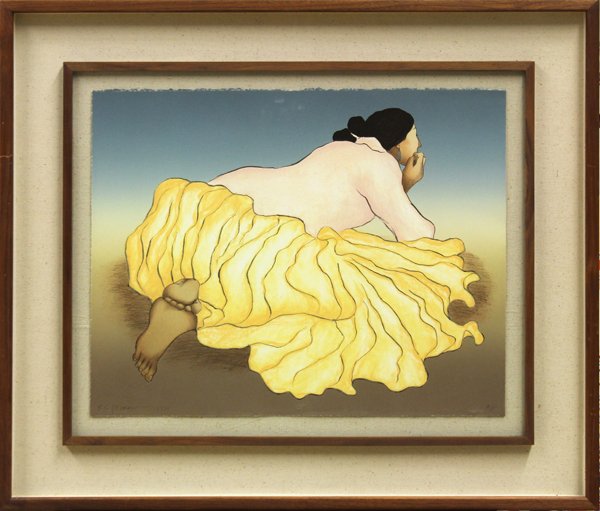 Lithograph, R.C. Gorman, Woman in Yellow Dress: Framed color lithograph ''Lila,'' 1981, by R.C. Gorman (American, 1932-2005), pencil signed and dated ''R.C. Gorman, 1981'' lower left, pencil inscribed artist proof lower right, paper: 17.75''h x 22.