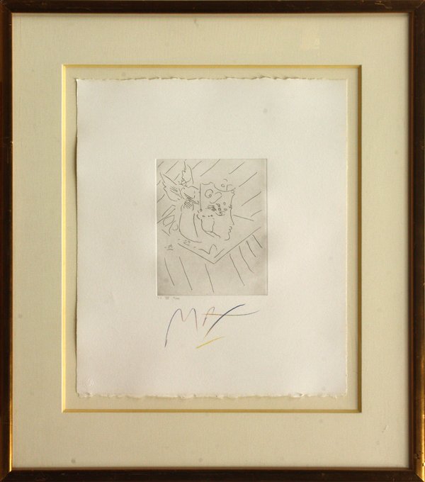 Etching, Peter Max, Hommage to Picasso: Framed etching, ''Hommage to Picasso (v.2 VII),'' 1991, by Peter Max (American, b. 1937), signed ''Max'' in colored pencil lower center, pencil numbered edition of 99 lower left, plate: 9.75''h x 8''w