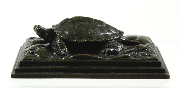 Bronze, Antoine-Louis Barye, Tortue: Bronze sculpture, Tortue Sur Plinthe Carree, Reduction, by Antoine-Louis Barye (French, 1795-1875), signed ''Barye'' on base, cast by Barbedienne from the model by Antoine-Louis Barye, signed ''F. Bar