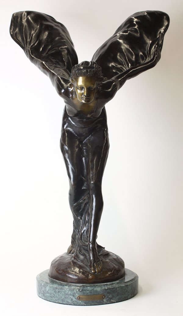 Bronze, after Charles Sykes: Bronze sculpture, ''Spirit of Ecstasy,'' after Charles Robinson Sykes (British/American, 1875-1950), bears signature lower right bottom, green marble base (circular), sculpture dimensions: 21.75''h x 