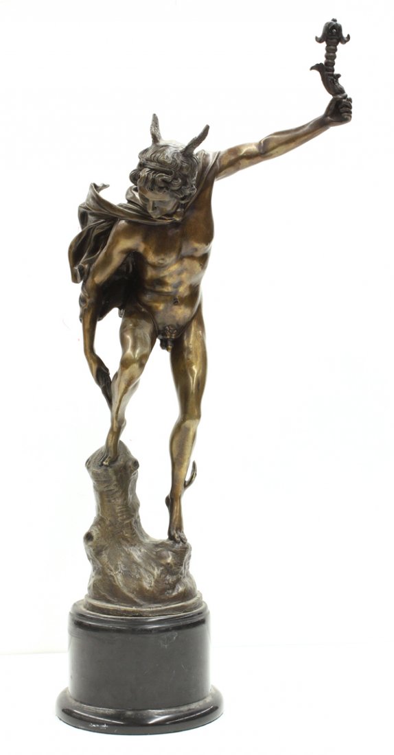 Bronze, Mercury, Continental School, 19th c.: Patinated bronze sculpture, Mercury, Continental School (19th century), unsigned, mounted on black marble base, overall: 24''h x 9.5''w x 10.25''d