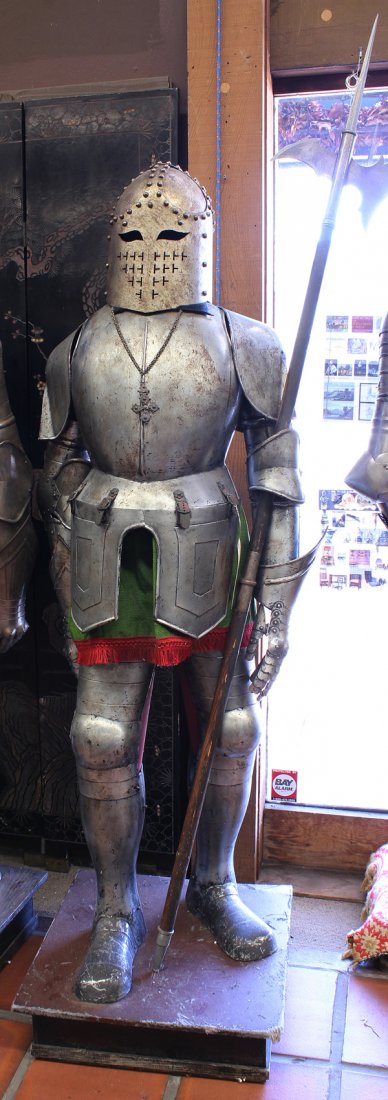 Suit of armor, 14th century style: (lot of 2) Reproduction suit of armor, 14th century style, comprising a helm (Black Prince style), full arm defences, heavy breastplate with median ridge at the neck, backplate, gauntlets, and full le