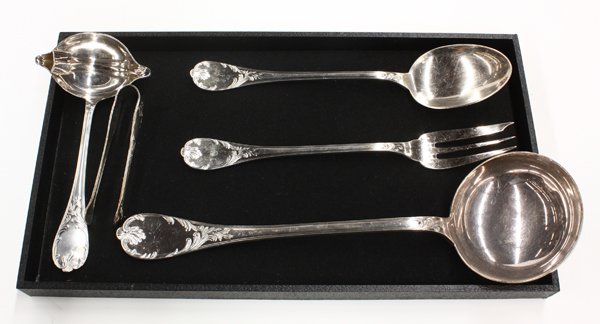 Christofle silver plate service: French fine silver plate service for twelve, by Christofle, in the ''Marley'' pattern having seven pieces per place setting comprising dinner knives, place forks, dessert forks, tablespoons, teaspoons