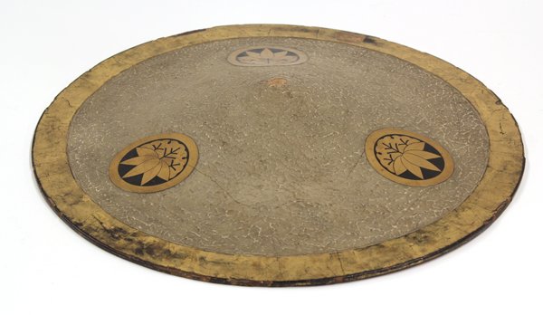 Japanese Ceremonial Hat: Japanese ceremonial hat, late 19th century, textured light brown exterior, decorated with the family crest (mon)in gold and black, the red lacquer interior decorated with gold flecks, 16.5'' x 16.5'',