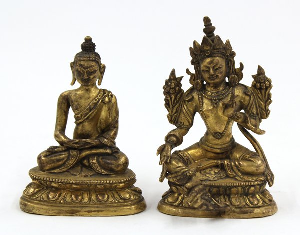 Two Chinese Bronze Buddhist Figures: (Lot of 2) Chinese small gilt bronze Buddhist figures, the first of a Buddha seated in dyanasana on a double lotus pedestal; the second, of Tara with a diadem framing the delicate face and lotus sprig