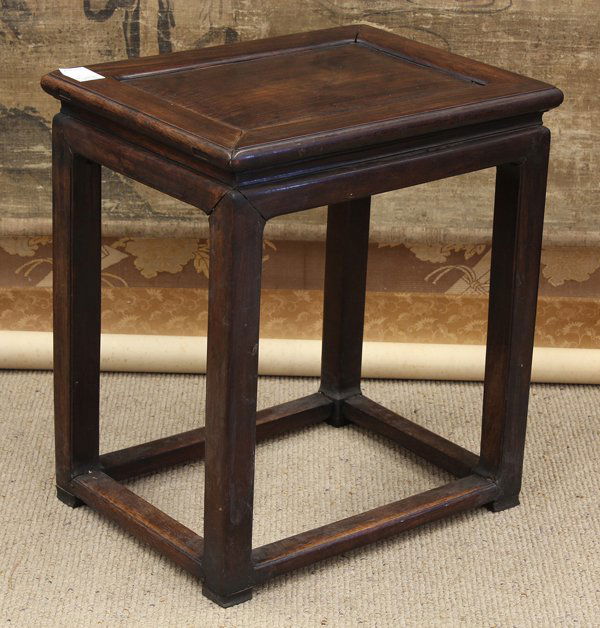 Chinese Rectangular Hardwood Stool: Chinese hardwood stool, late Qing/Republic period, with a rectangular floating panel within a plain frame, above a short waist and a plain apron leading to straight rectangular supports joined to stre