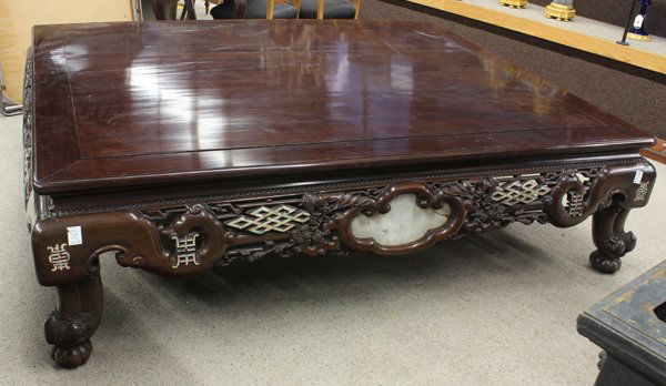 Chinese Rosewood Day Bed: Chinese mother-of-pearl inlaid rosewood bed (ta), late Qing/Republic period, with an elaborate apron carved with a pair of bats suspending a toggle in mouth besides linked rhombus with mother-of-pearl