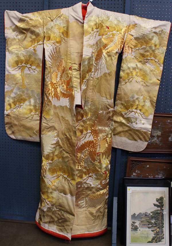 Japanese Wedding Kimono: Japanese wedding kimono, elaborately couched and embroidered with cranes worked in gilt and silver wrapped threads set against stylized pines