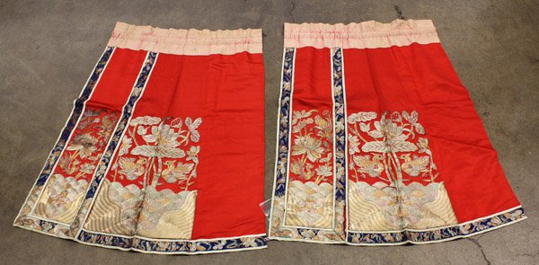 Chinese Metallic Couched Wedding Skirt: Chinese embroidered two-panel pleated red silk skirt, featuring metallic couched Mandarin ducks below lotus blossoms all above rolling waves against a red satin ground, with a contrasting blue border 