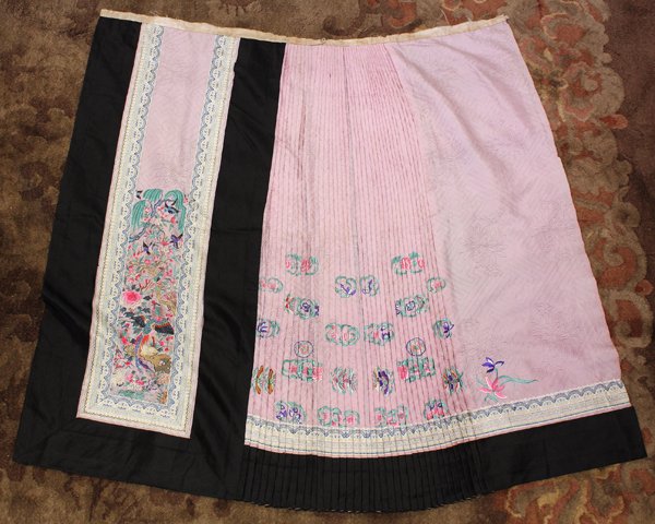 Chinese Pink Skirt Panel: Chinese embroidered plaited skirt panel, the pink damask ground embroidered with butterflies and floral roundels executed in satin stitches with color threads, 32.5''h