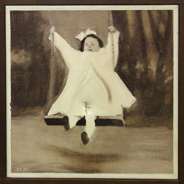 Painting, Robert Harvey: Framed oil on canvas, ''Nellie's Pink Coat'', 1964, by Robert Harvey (Californian, b.1924), initialed and dated lower right, title label affixed verso, overall: 13''h x 13''w.