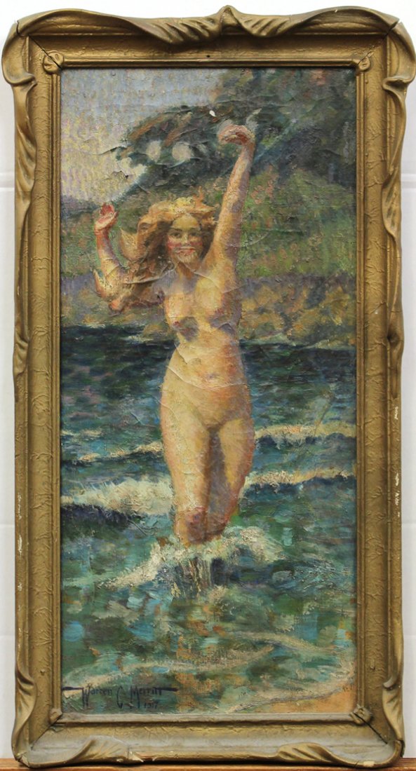 Painting, Warren C. Merritt: Framed oil on canvas, Frolicking in the Surf, 1917, by Warren Chase Merritt (Californian, 1897-1968), signed and dated lower right, overall: 30''h x 16.5''w